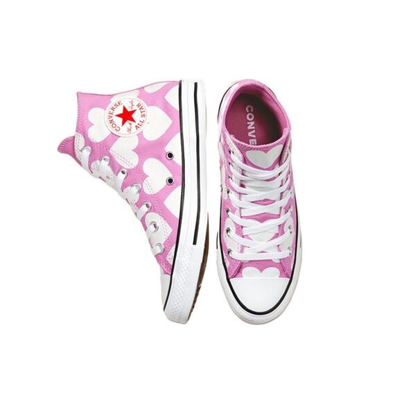 Converse Chuck Taylor All Star Hi Pink White Heart Print Sneakers Women’s 8 NEW - Picture 2 of 12